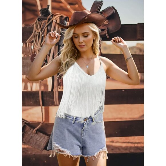 Women's White Fringe Tank Top Western Festival Clothing Cowgirl V Neck Outfits - Picture 5 of 6
